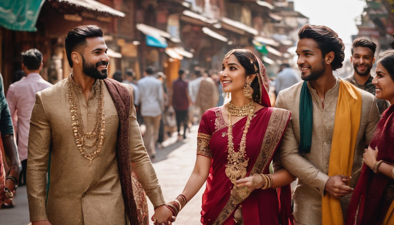 A diverse group of people holding hands in a multicultural setting.