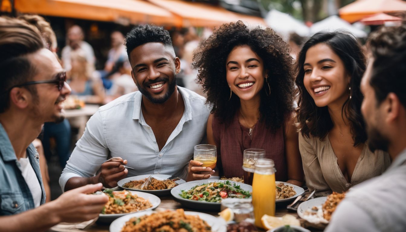 A diverse group of friends enjoying a meal together at a multicultural food market.