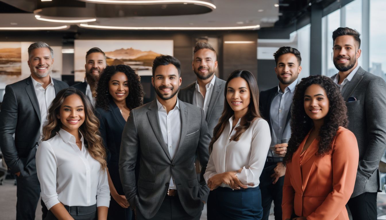 A diverse group of professionals in a modern office setting.