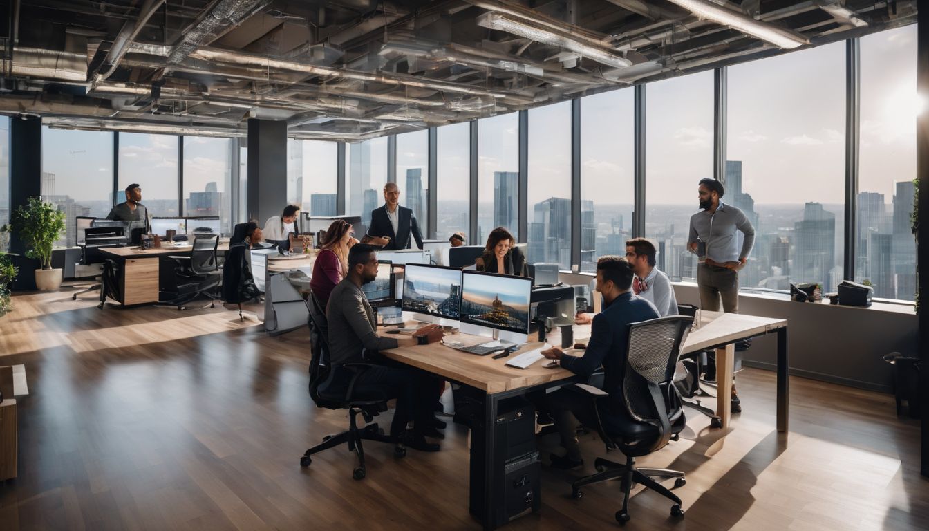 A diverse group of professionals in a modern office space.