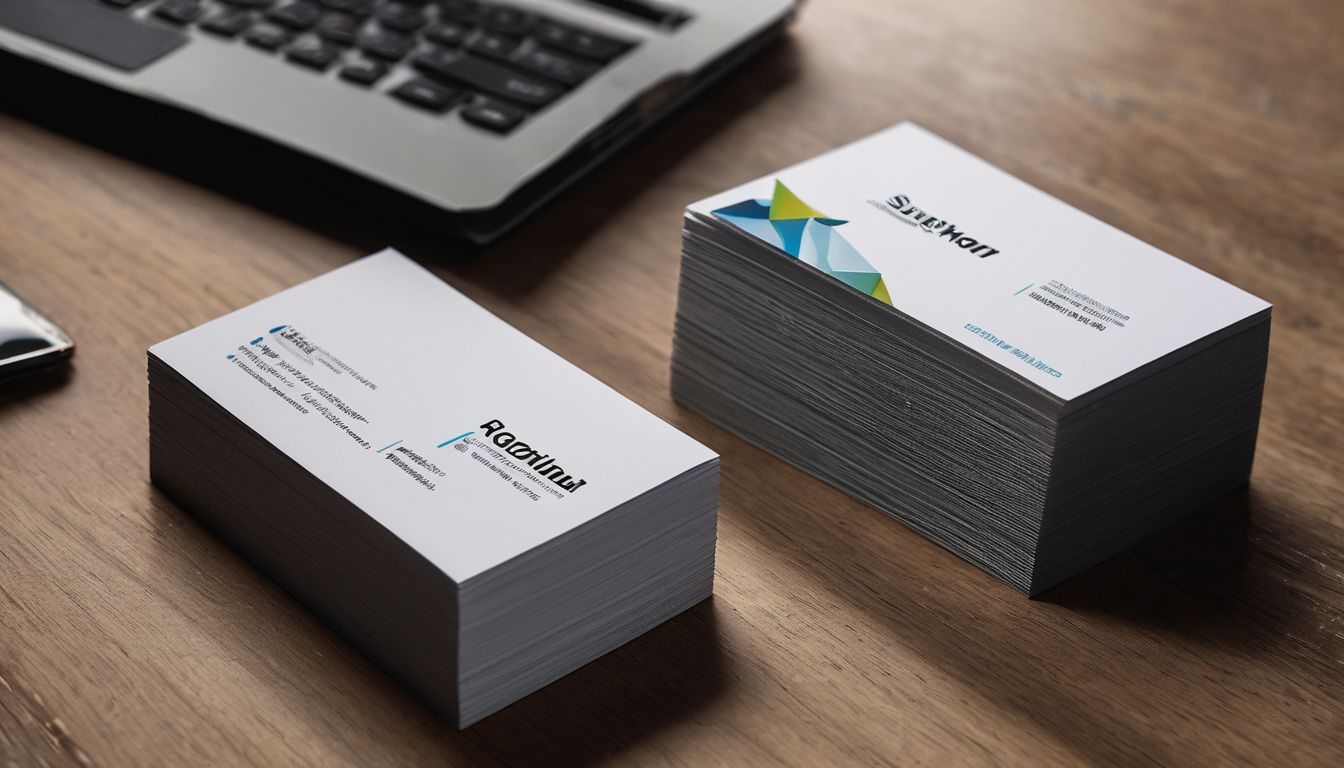 A diverse group of business cards arranged on a modern desk.