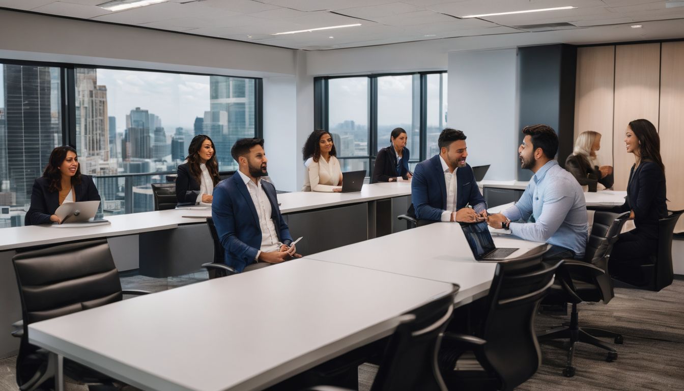 A diverse team of real estate agents discussing property listings.