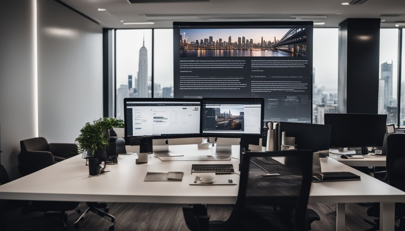 A modern office space with diverse people browsing a real estate website.