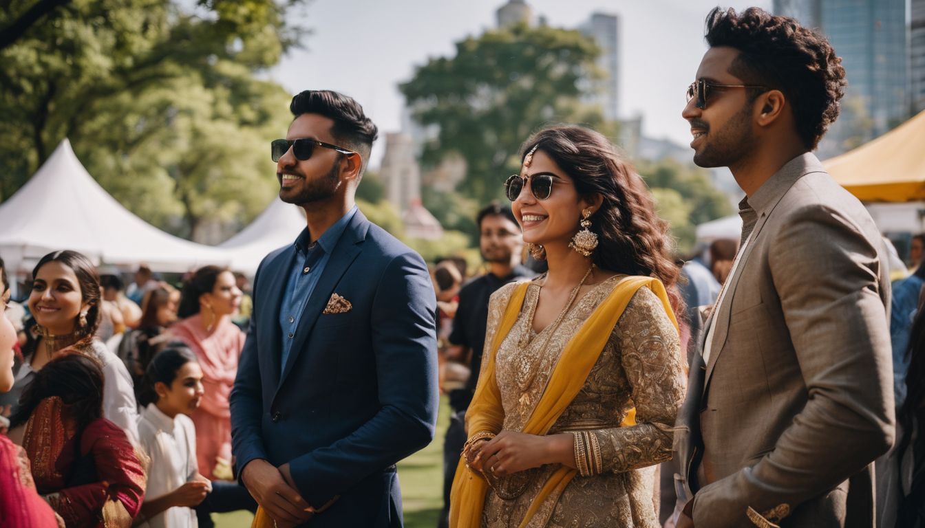 A diverse group of people enjoying a cultural fair in a park.