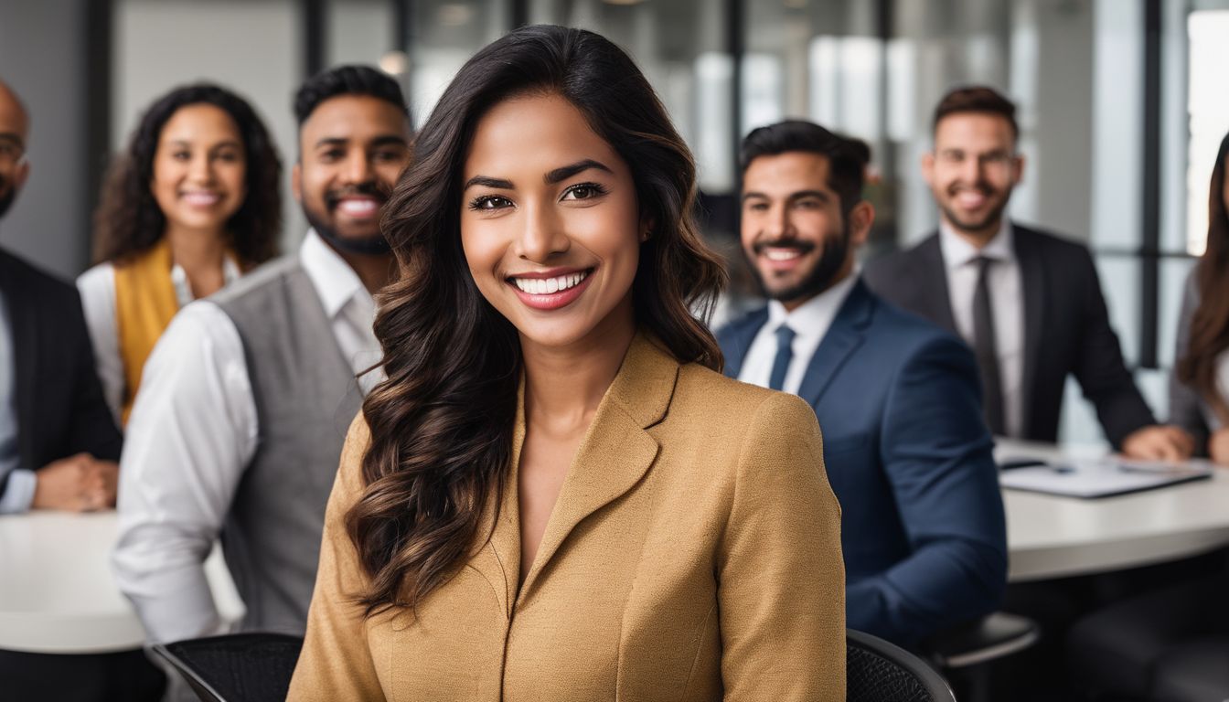 Real estate agent surrounded by happy clients in modern office.