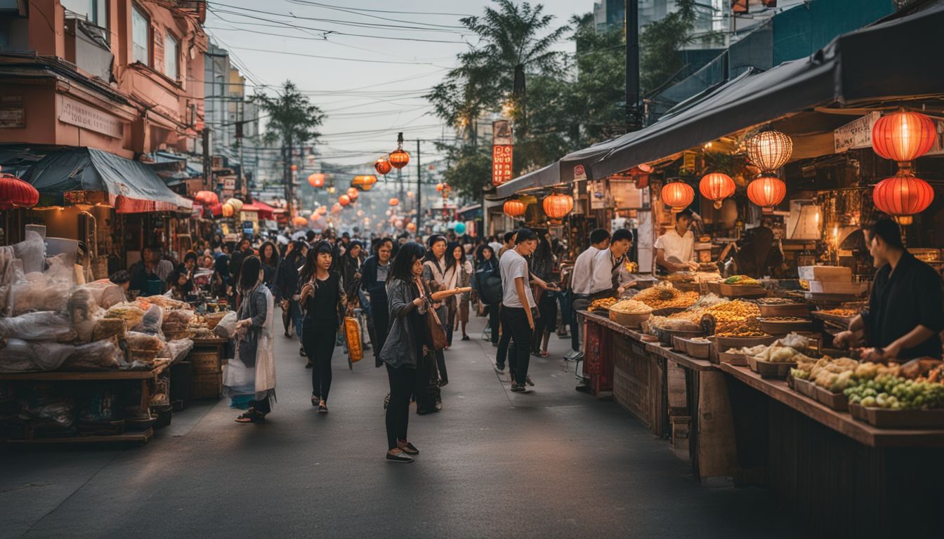 A busy street in Little Saigon with vibrant storefronts and Vietnamese street food.