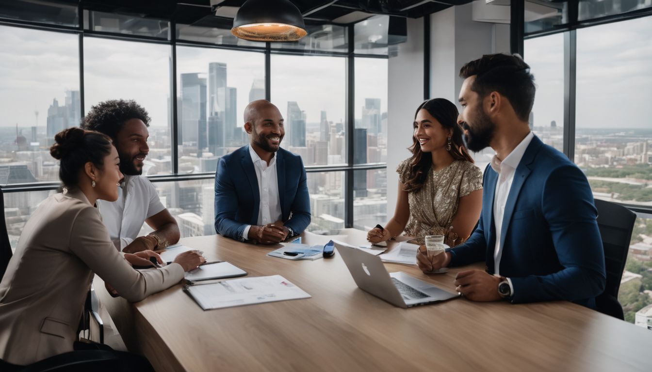 A diverse group discussing sustainable housing solutions in a modern office.