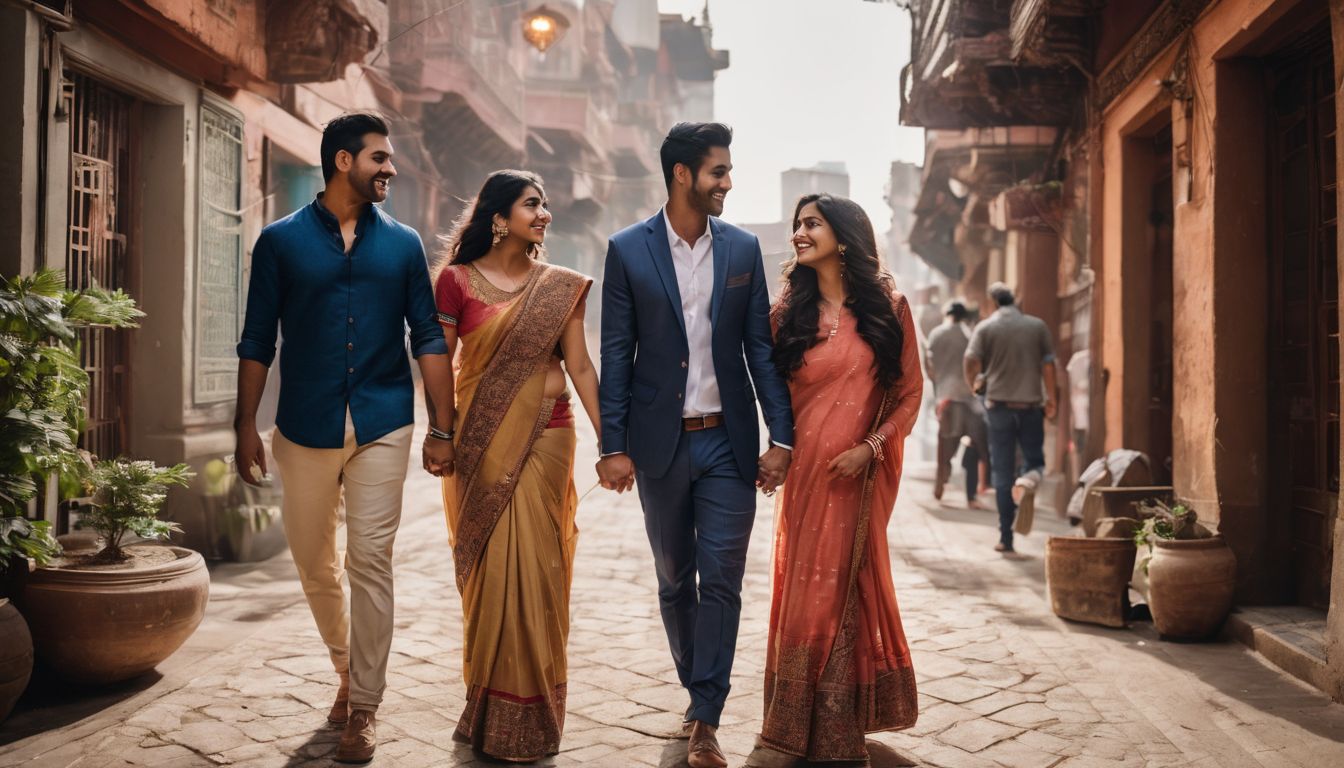 A diverse South Asian family walks through a bustling city together.