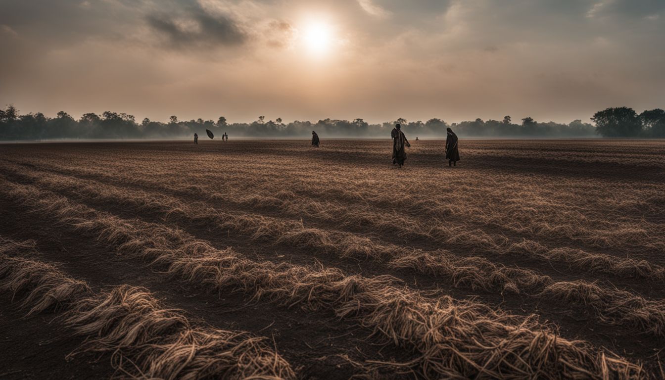 Burnt crop field with remnants of Klan activity and diverse people.