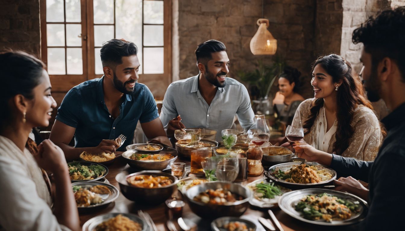 A diverse group of people with different cultures sharing a meal.