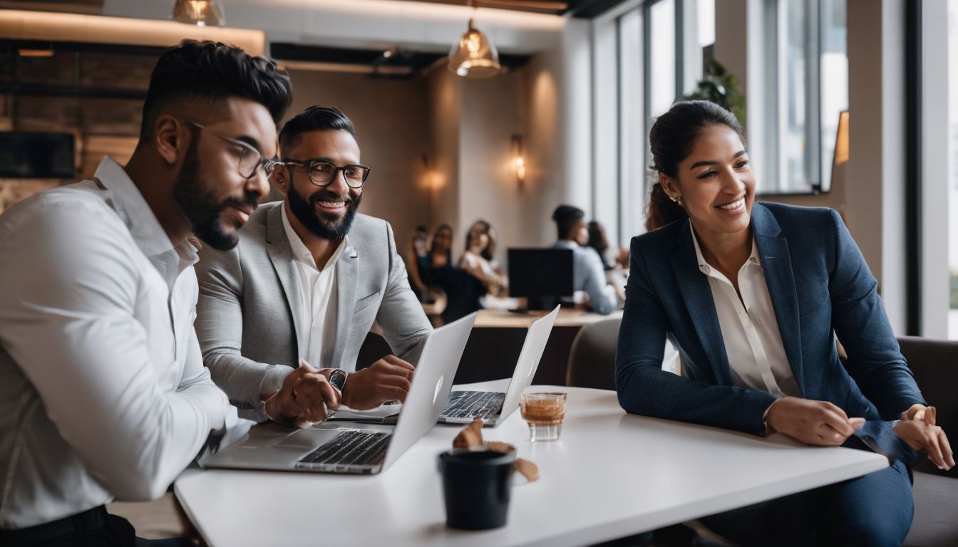 A diverse group of business professionals collaborating in a modern co-working space.