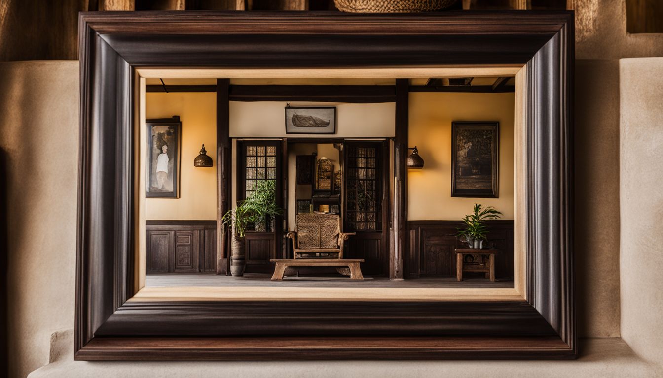 A framed photograph of a traditional Vietnamese home with a mirror.