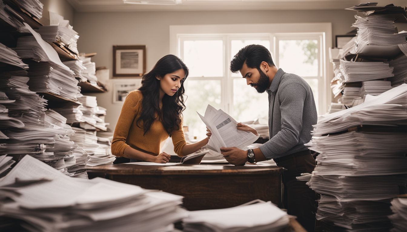 A frustrated couple overwhelmed by home repair bills and legal documents.