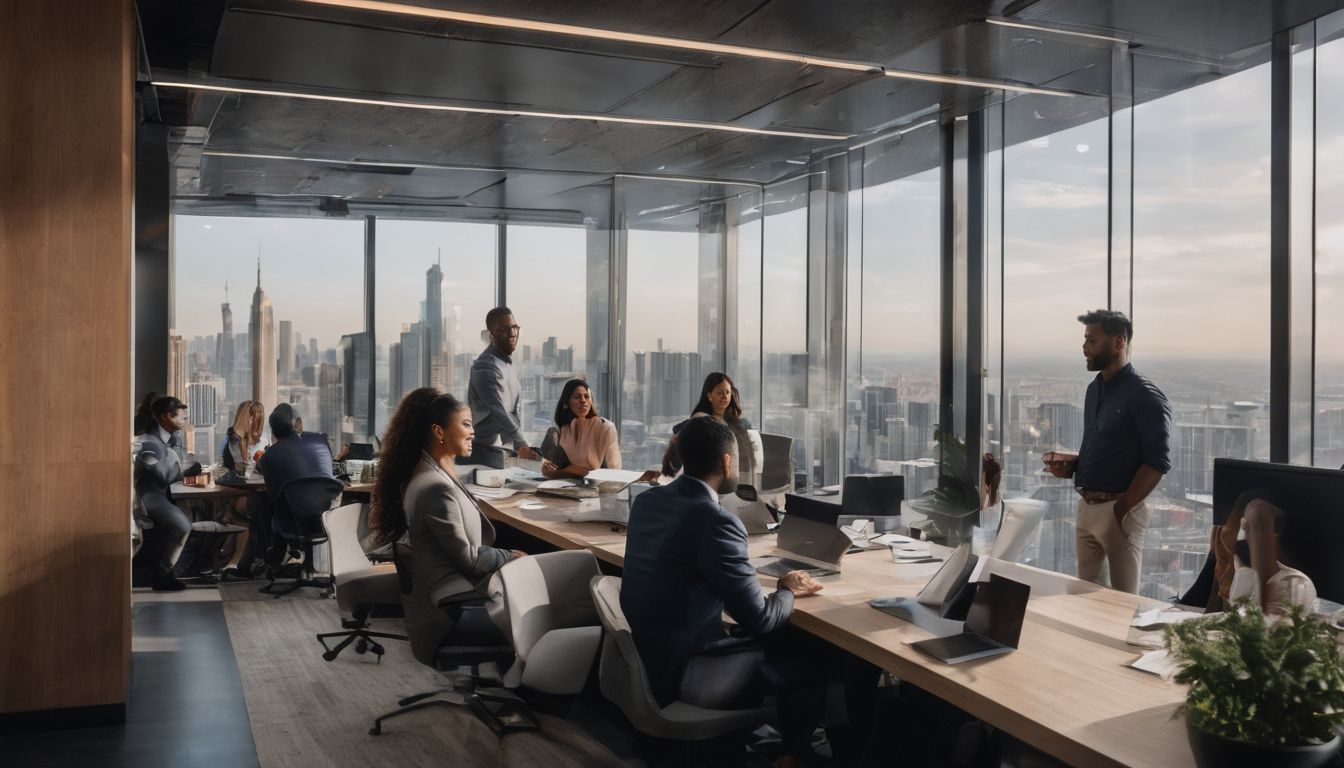 A diverse group of people engaged in conversation in a modern office setting.