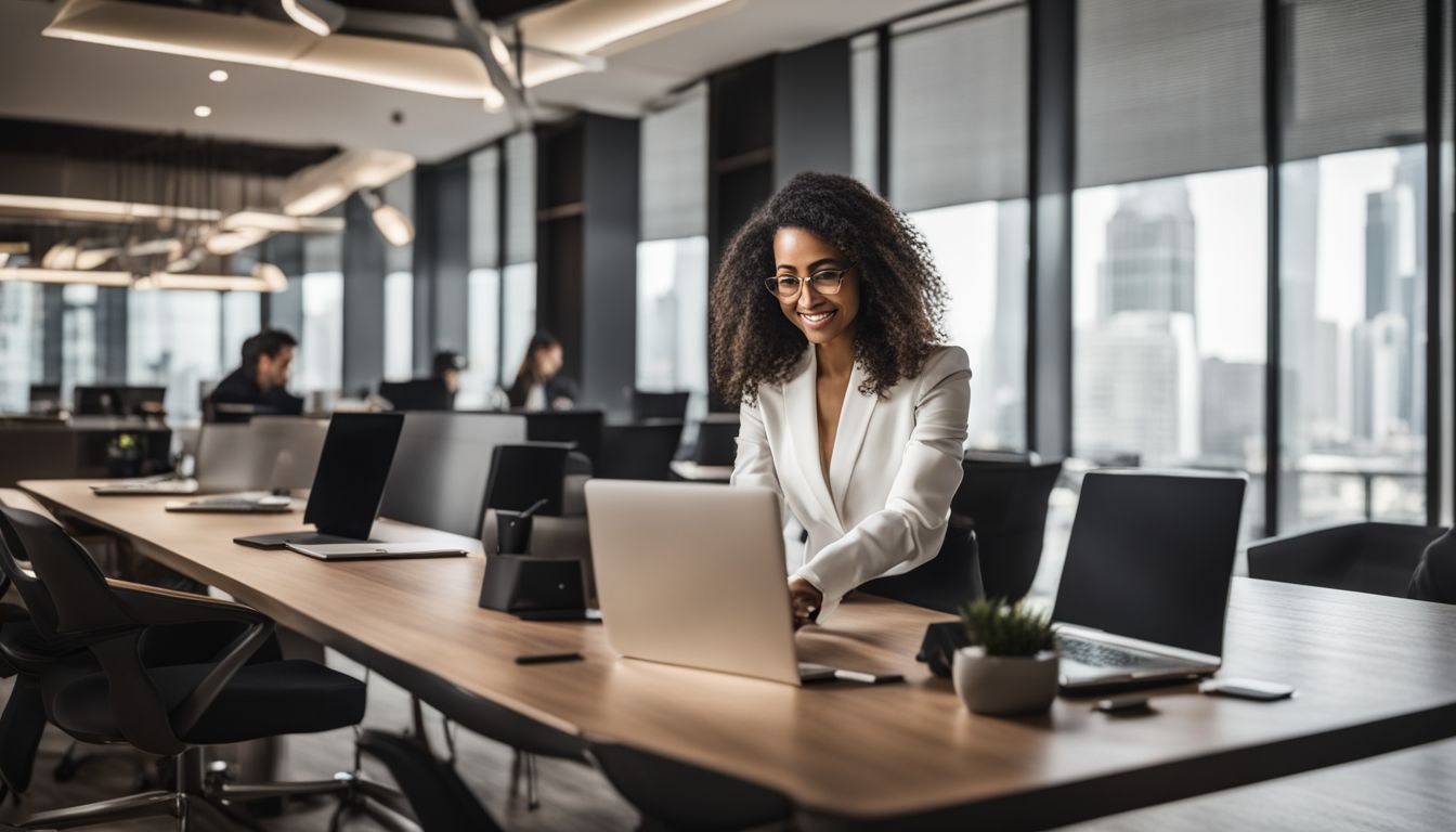 A real estate agent working in a modern office environment.