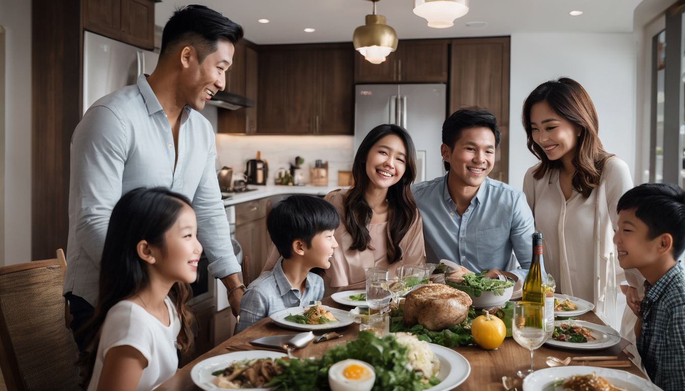 A Vietnamese family happily gathers around a dinner table in a modern kitchen.