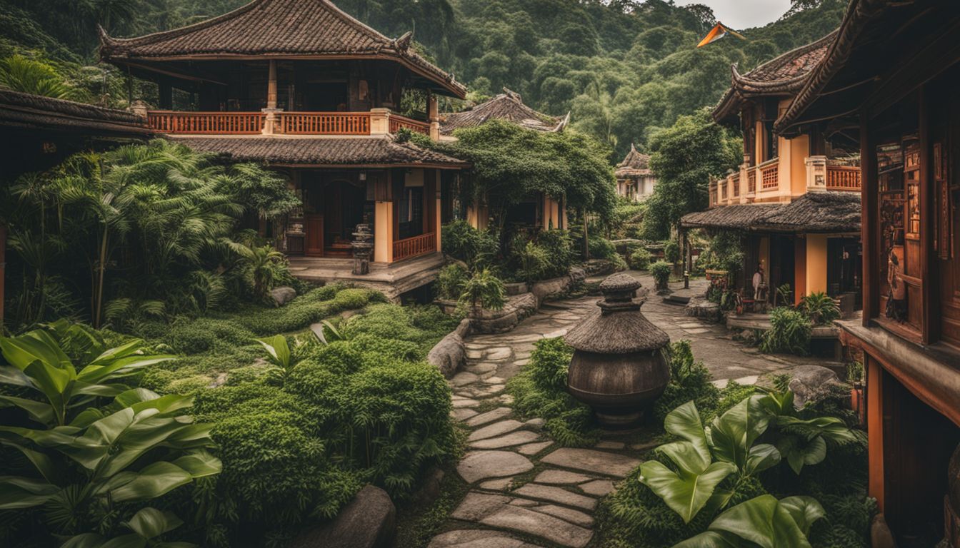 A vibrant photo of traditional Vietnamese architecture and bustling cityscape.