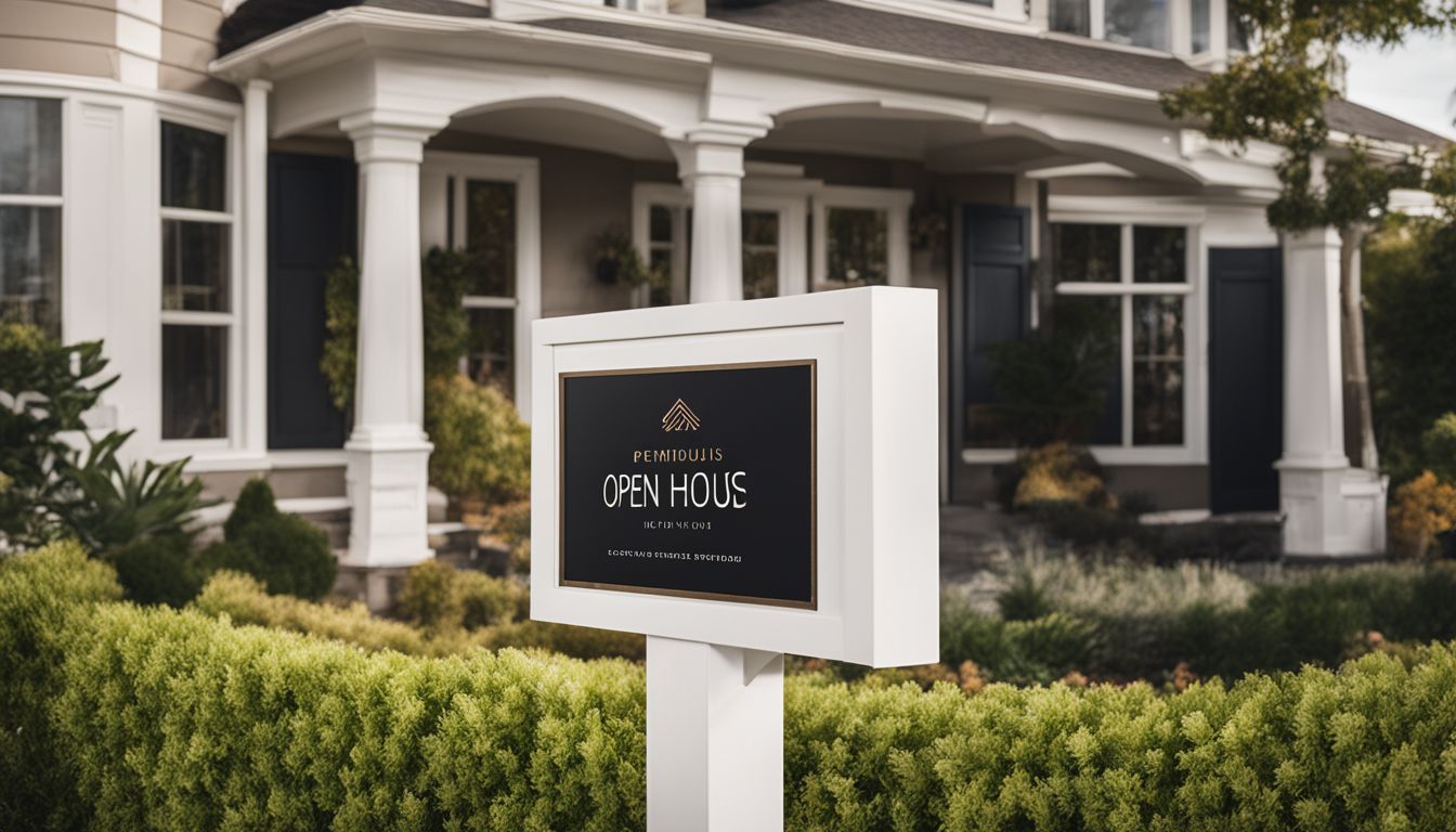 An open house sign in front of a beautifully landscaped home.