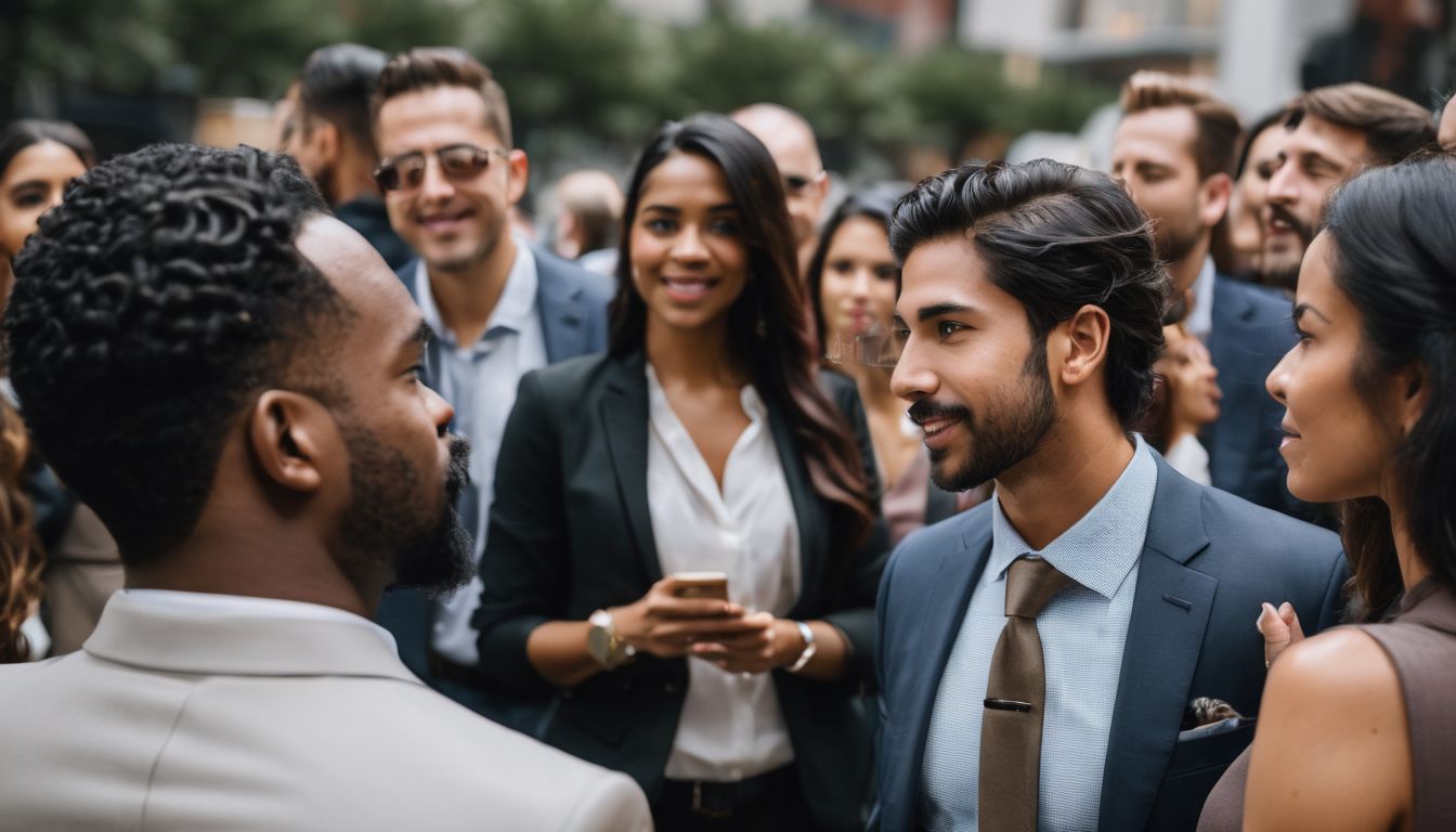 A diverse group of real estate professionals networking at a conference.