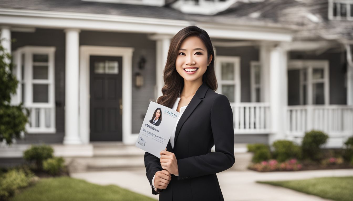 Vietnamese-American real estate agent holding a For Sale sign in front of suburban home.