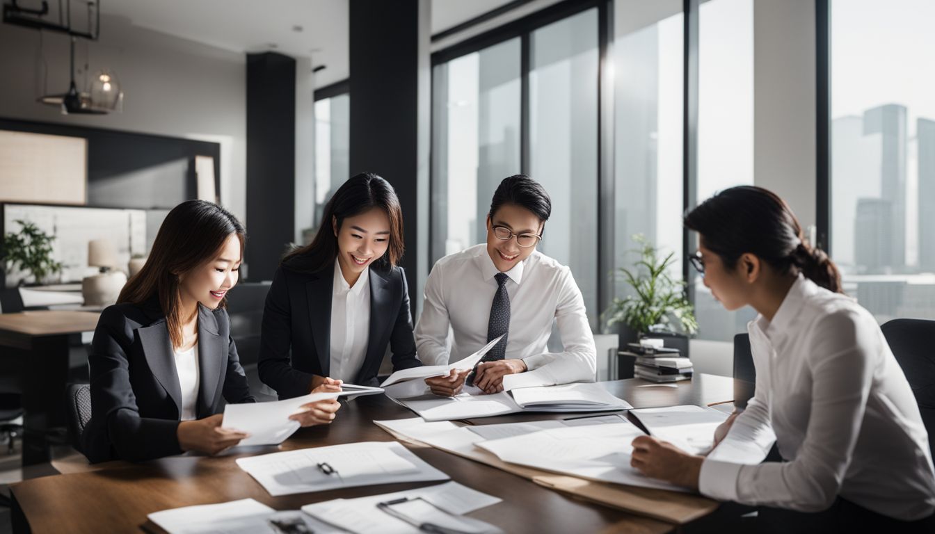 A diverse group of real estate agents reviewing training materials in a modern office.