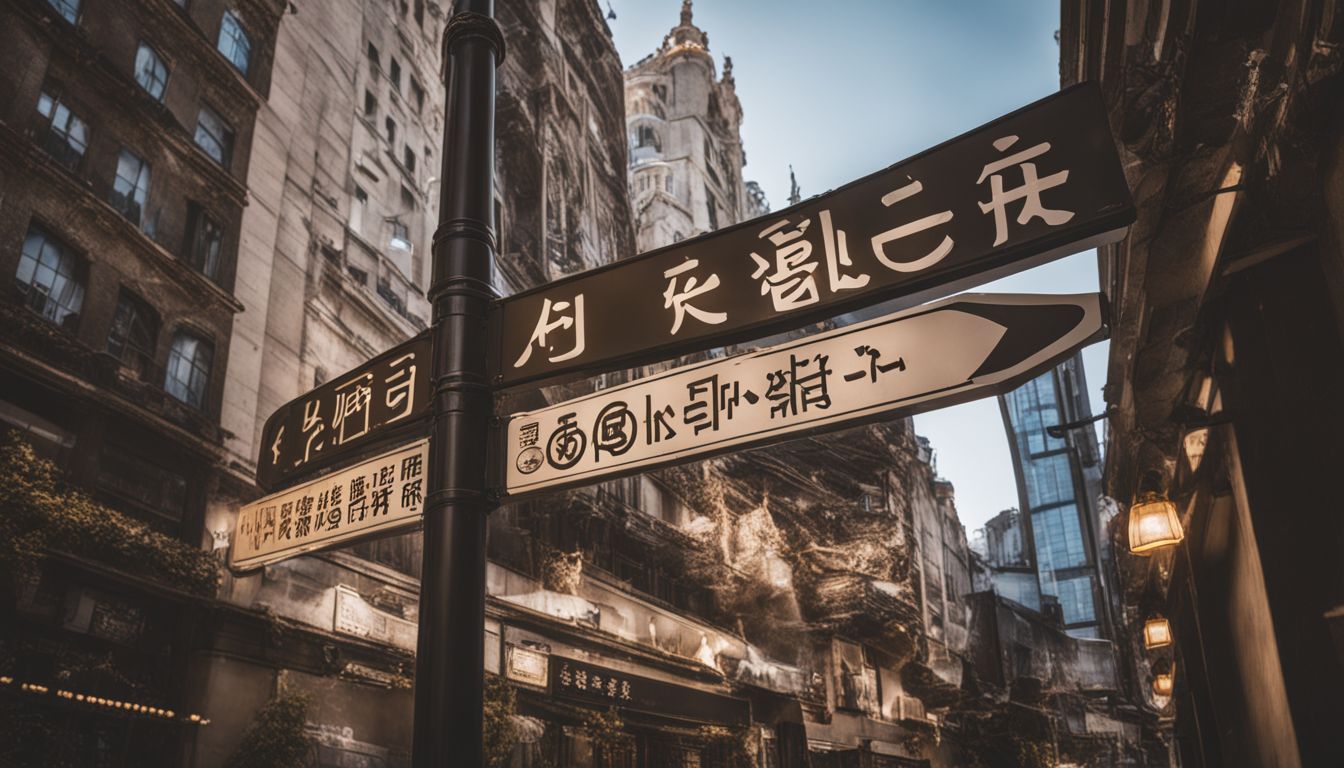 A diverse cityscape with multilingual signs and a bustling atmosphere.