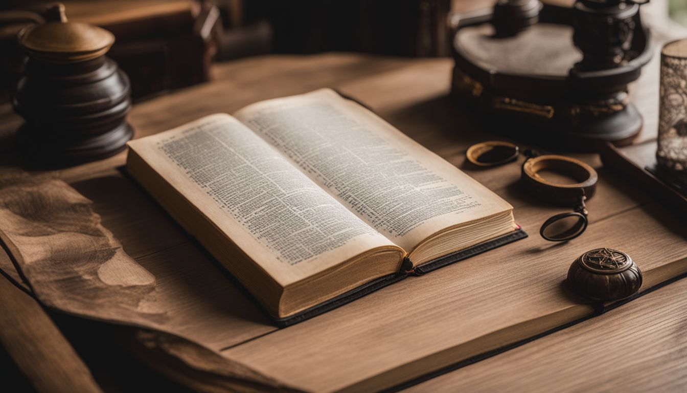 A Vietnamese-English dictionary surrounded by cultural symbols on a desk.