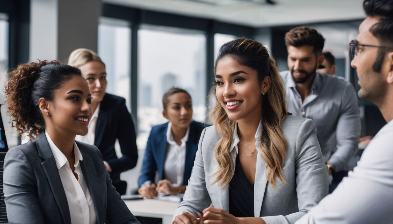 A diverse group of professionals collaborating in a modern office space.