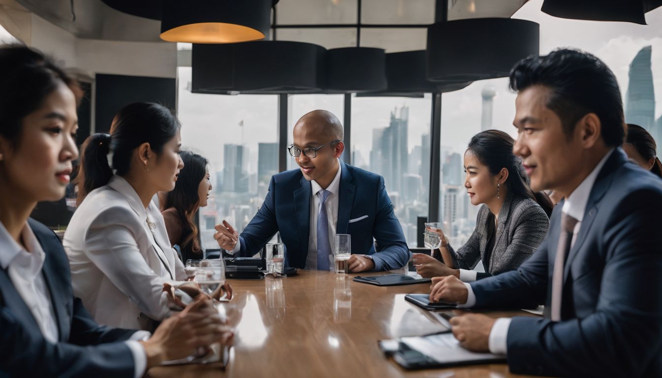 Business professionals discussing investment opportunities in Vietnam's bustling cityscape.