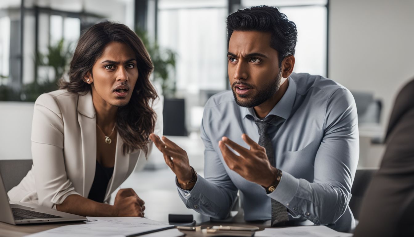 A frustrated homebuyer argues with a real estate agent in an office.