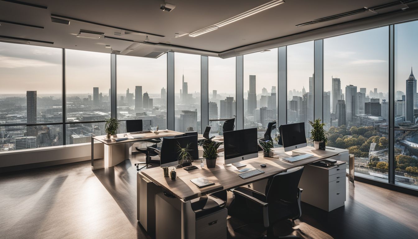 A modern office with diverse individuals and a stunning city view.