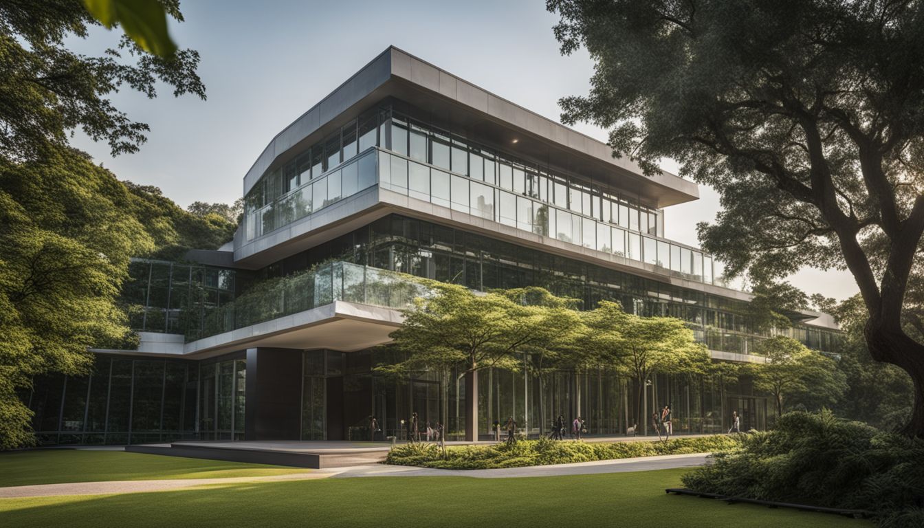 'A modern school building surrounded by greenery, with diverse students.'