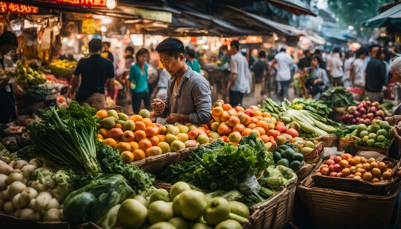 A vibrant Vietnamese market capturing diverse faces, outfits, and produce.