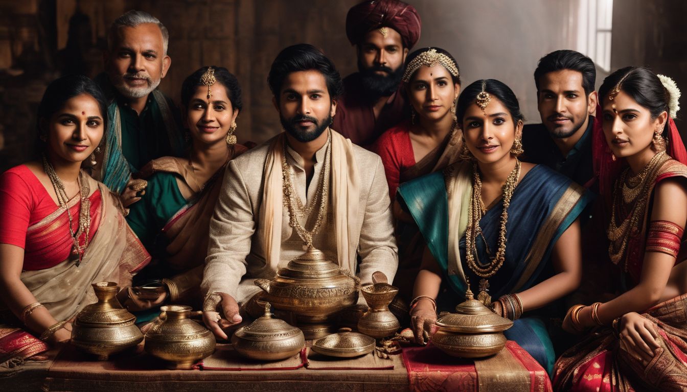 A diverse group of people in traditional attire gathered around a table with various cultural artifacts.