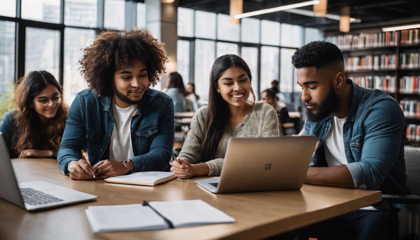 A diverse group of students studying together in a university library.