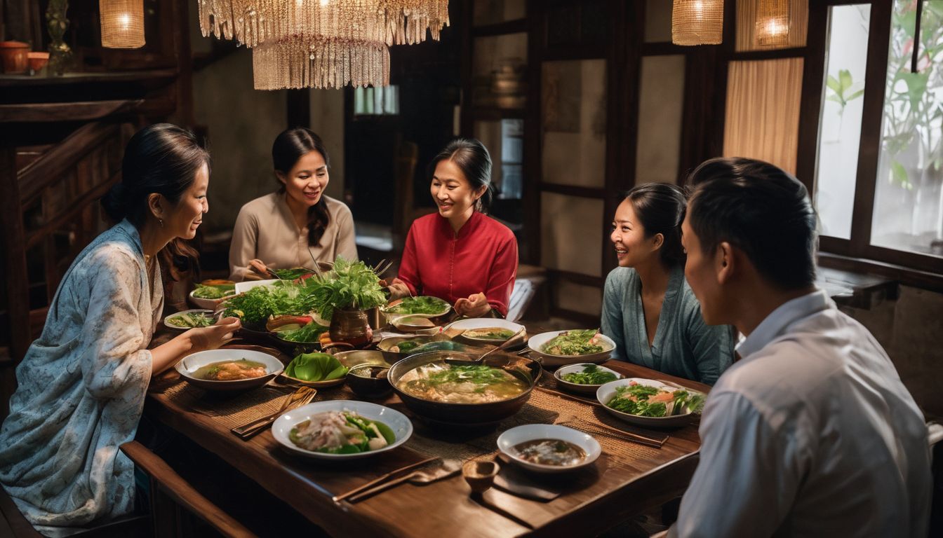 A Vietnamese family gathers around the dinner table, emphasizing the importance of togetherness.