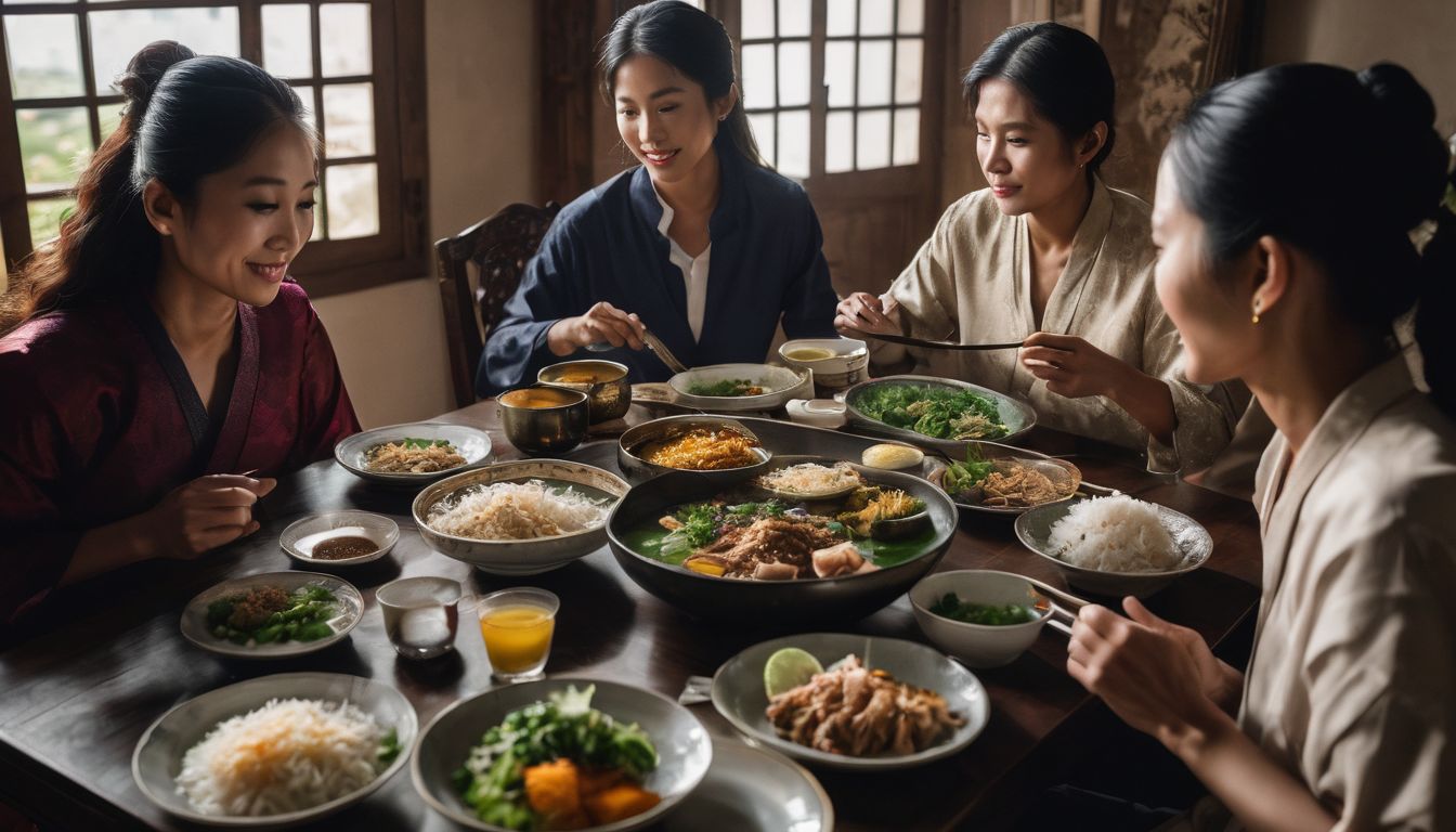 A Vietnamese family enjoying a traditional meal together.