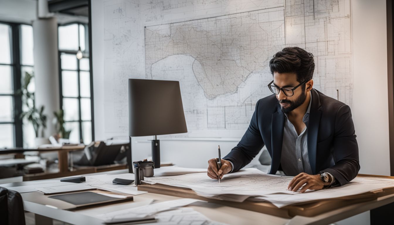 An architect studying architectural drawings surrounded by blueprints and drafting tools.