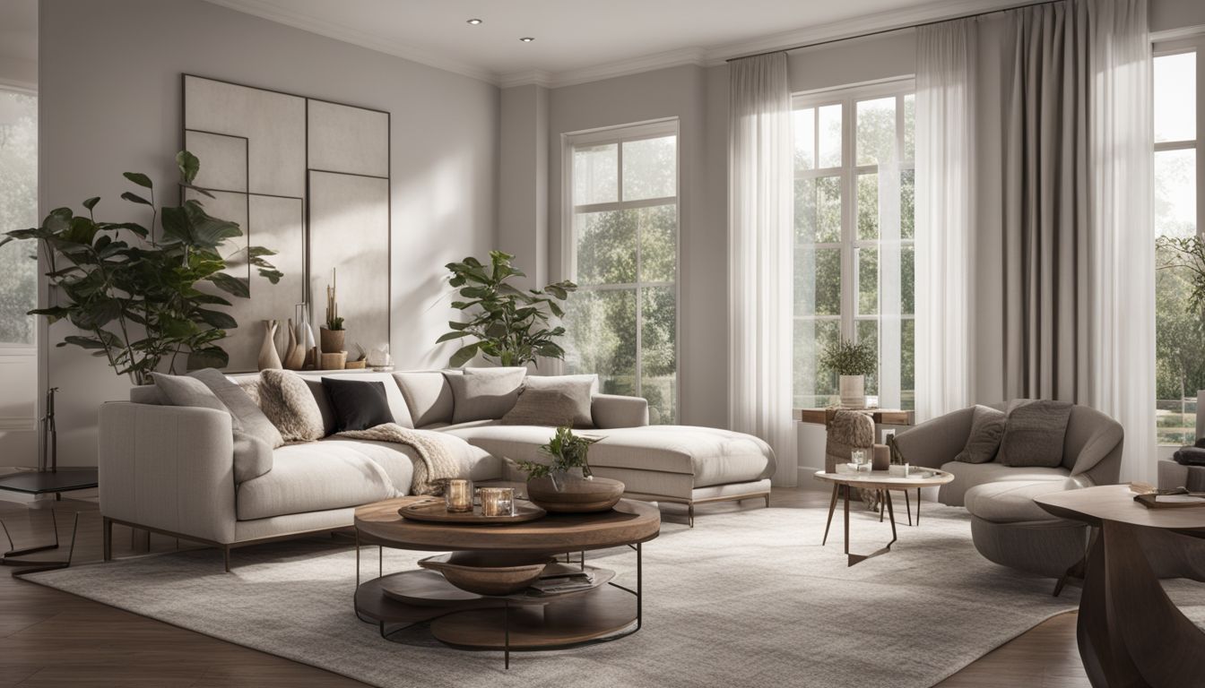 A modern living room with virtual staging and diverse people.