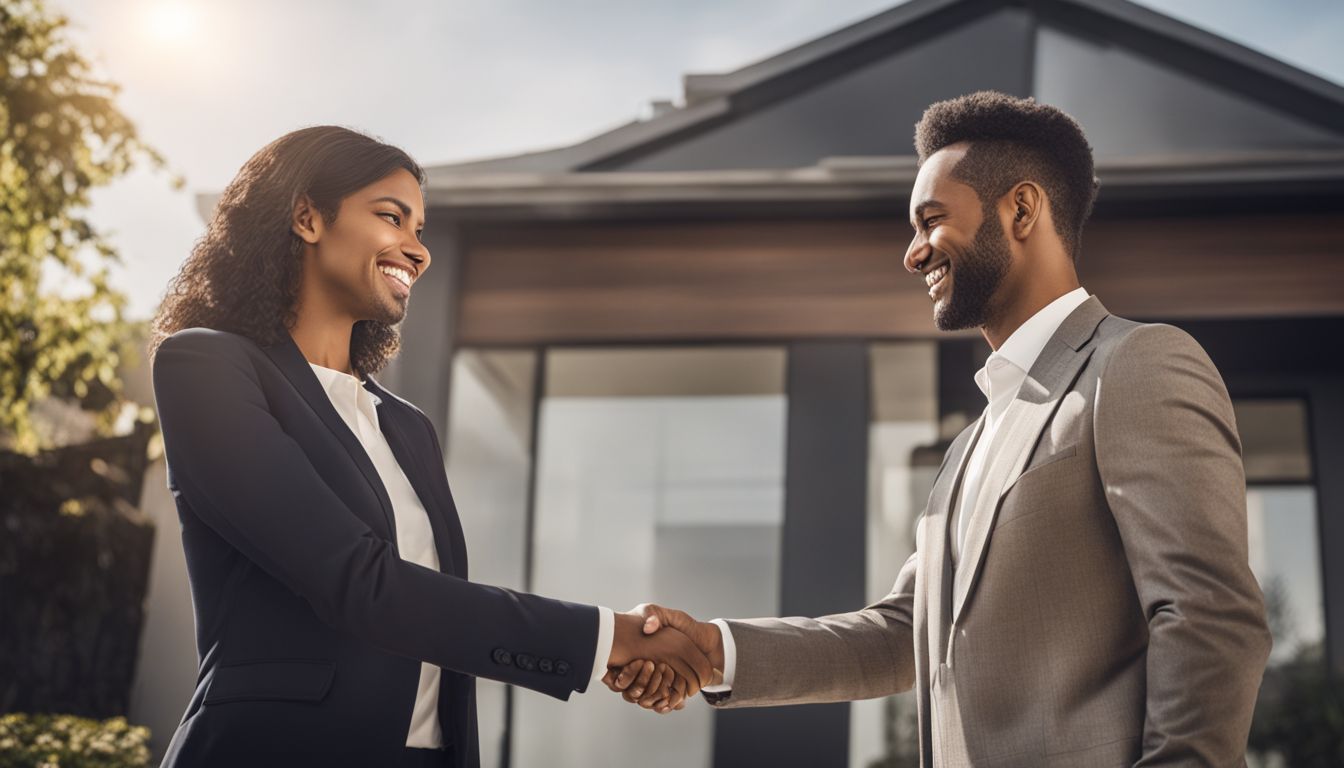 A real estate agent and satisfied client in front of a sold sign.