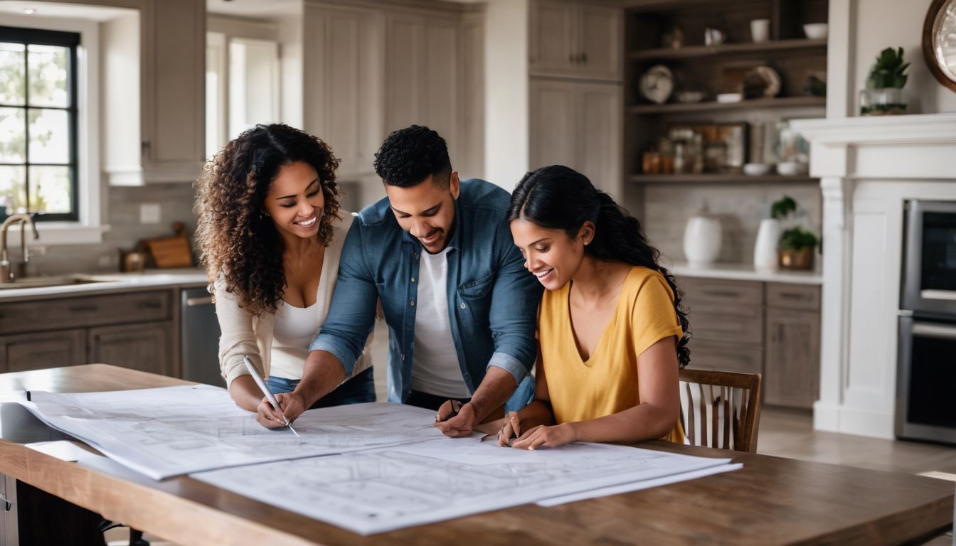 A family reviews blueprints of their new home amidst construction materials.