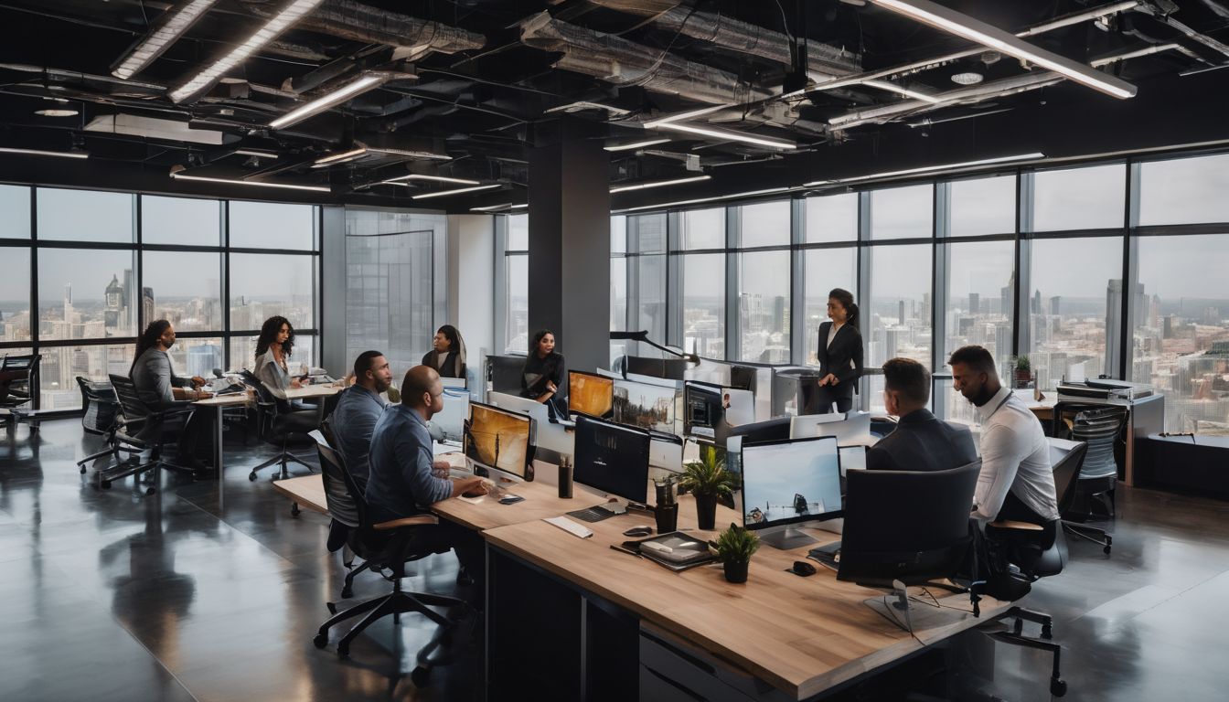 A diverse group of professionals collaborating in a modern office space.