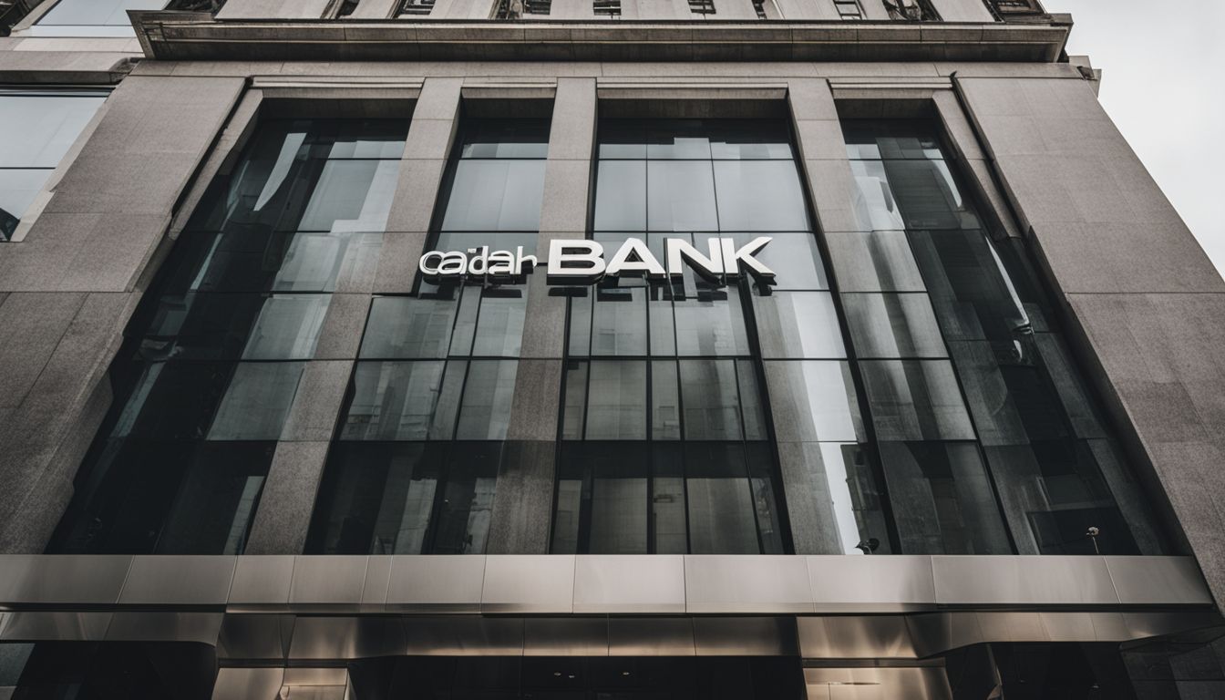 A modern bank building with a private lender sign in the foreground.