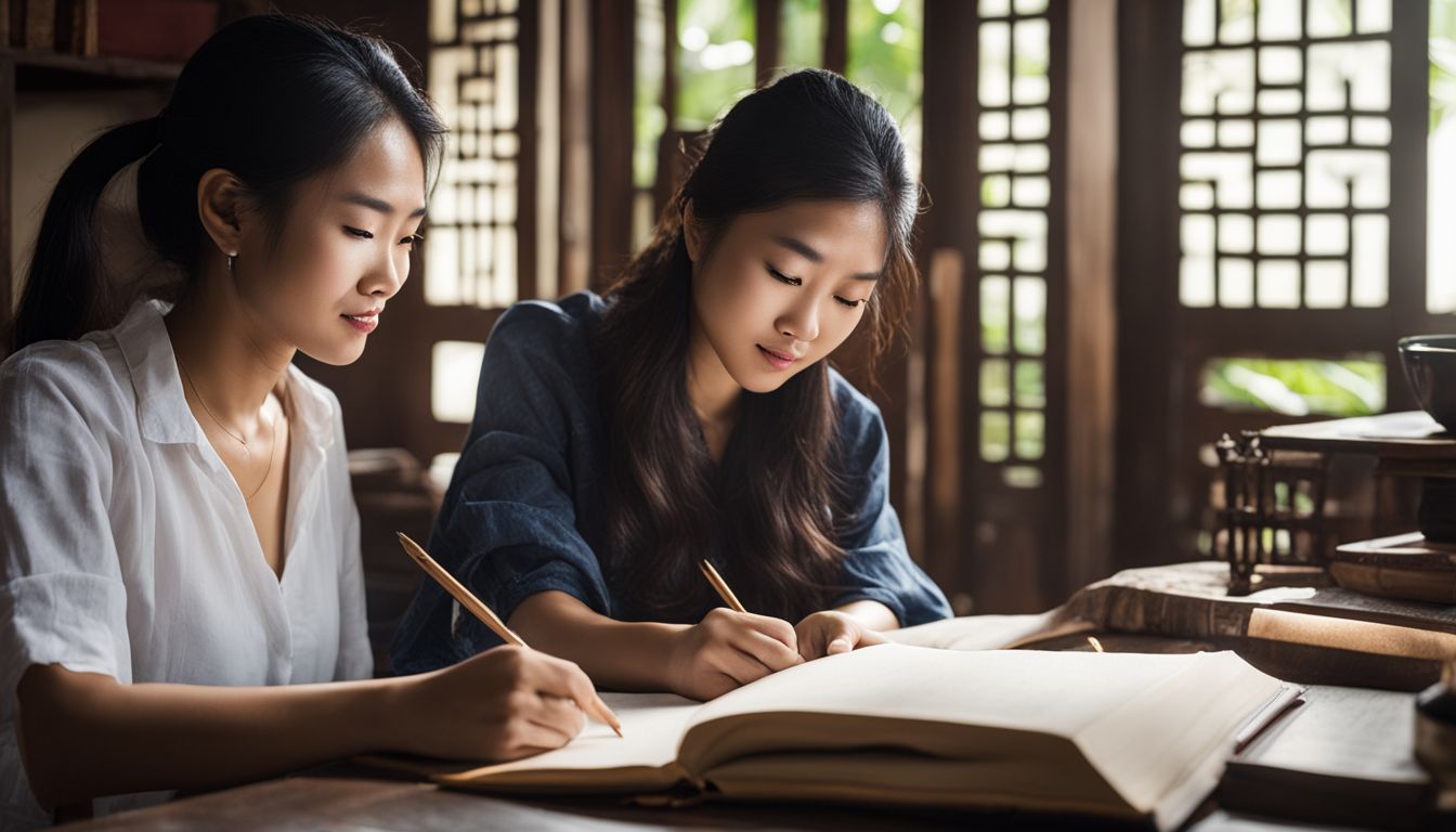 A Vietnamese student receives academic tutoring in a traditional home setting.