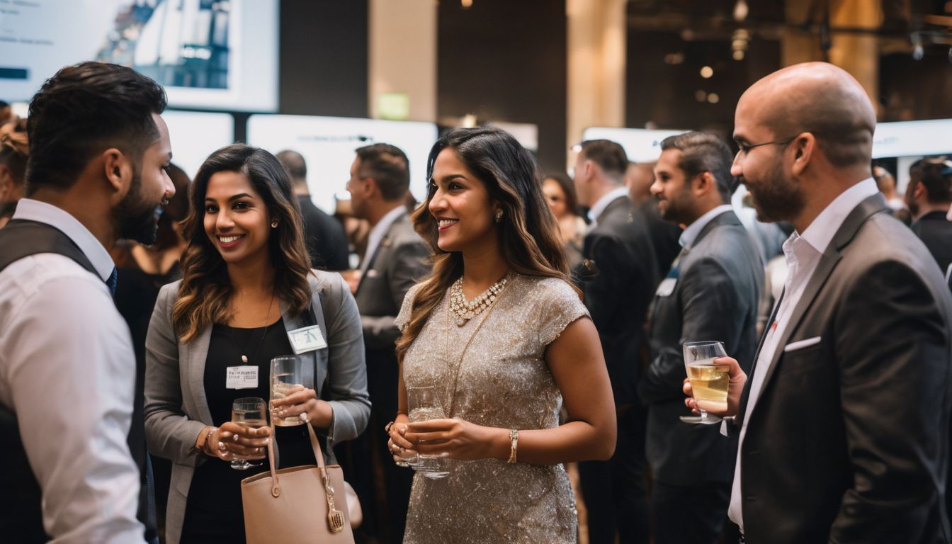 A diverse group of professionals networking at a business event.