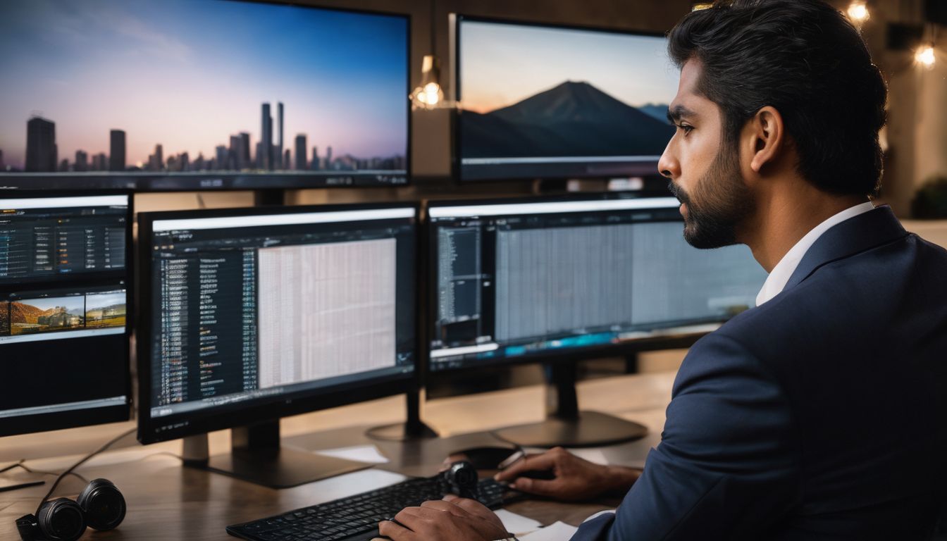 A concerned investor monitors fluctuating real estate market values on a computer.