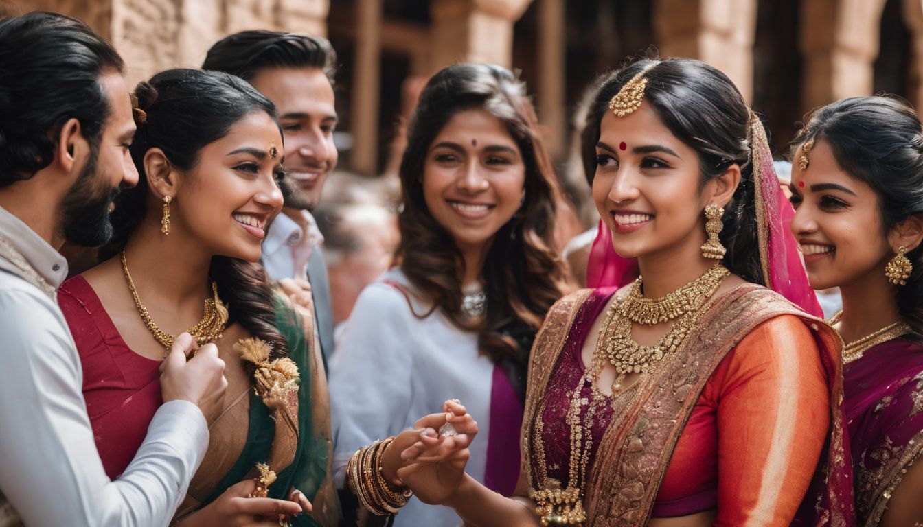 A diverse group happily interacts and communicates in a multilingual setting.