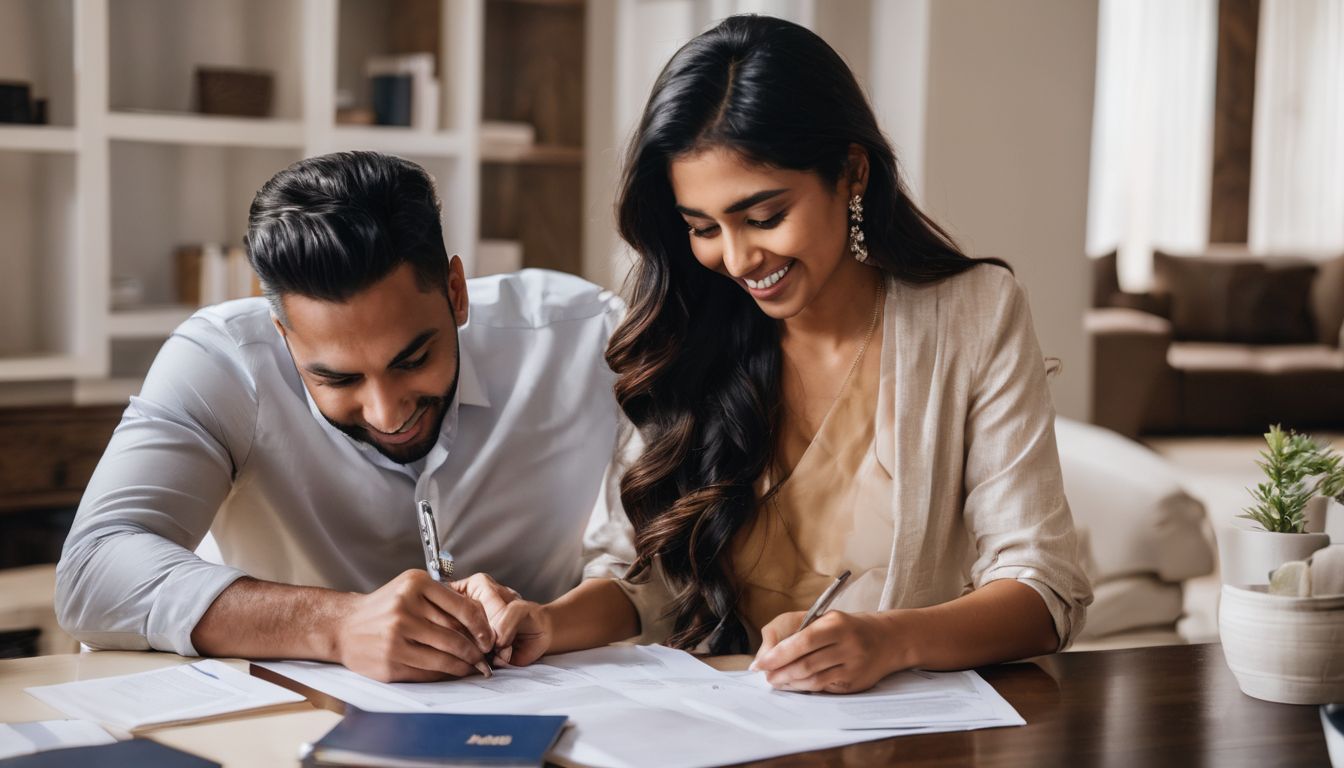 A couple signs mortgage papers in their bright, happy living room.