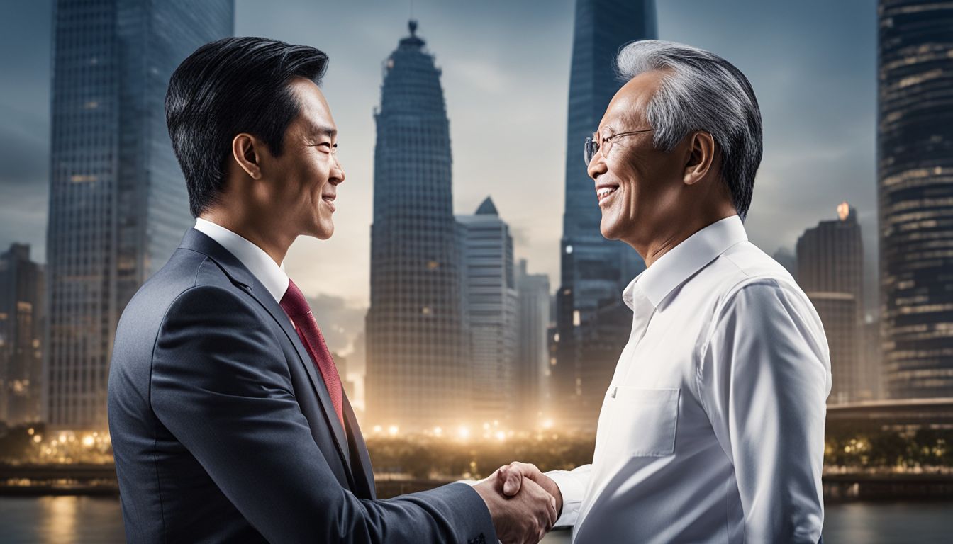 A businessman shaking hands with a Vietnamese official in a modern cityscape.