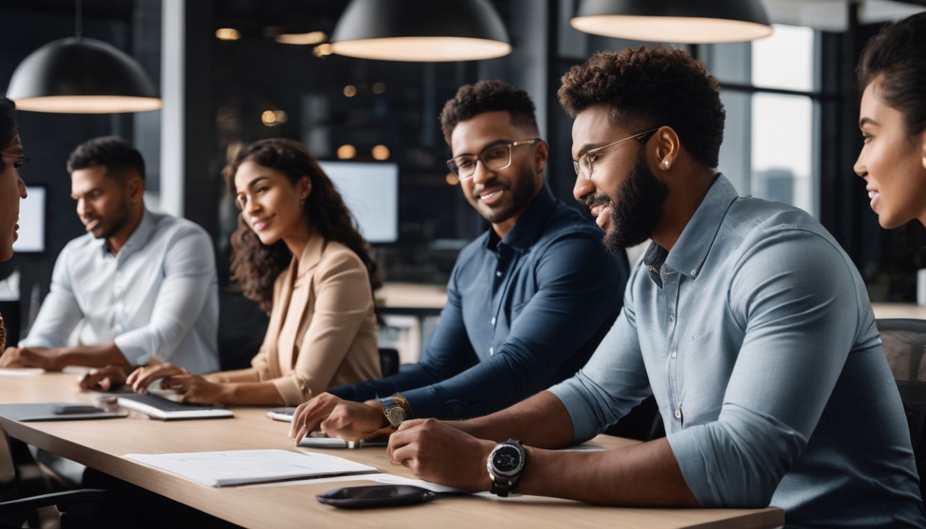 A diverse group of people working together in a modern office.